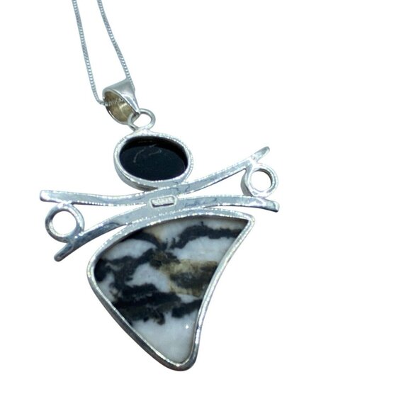 Sterling Silver 925 Zebra Jasper Quartz Pendant Necklace Signed SJ Modernist - Picture 5 of 11